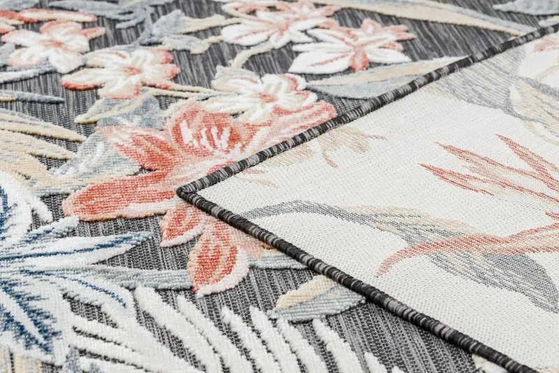 Dywan Strukturalny BOTANIC 65262 Kwiaty, liście płasko tkany, na balkon, taras - czarny