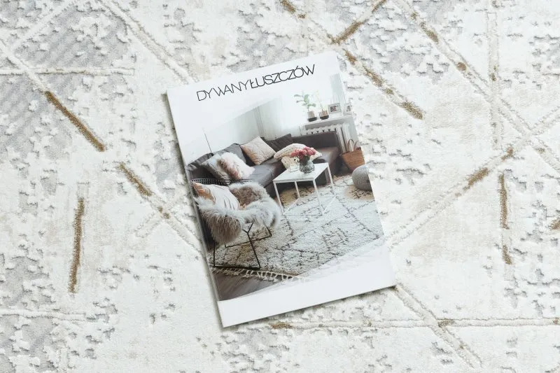 Dywan DUKE 51393 krem / złoty - Geometryczny, vintage strukturalny, bardzo miękki, frędzle