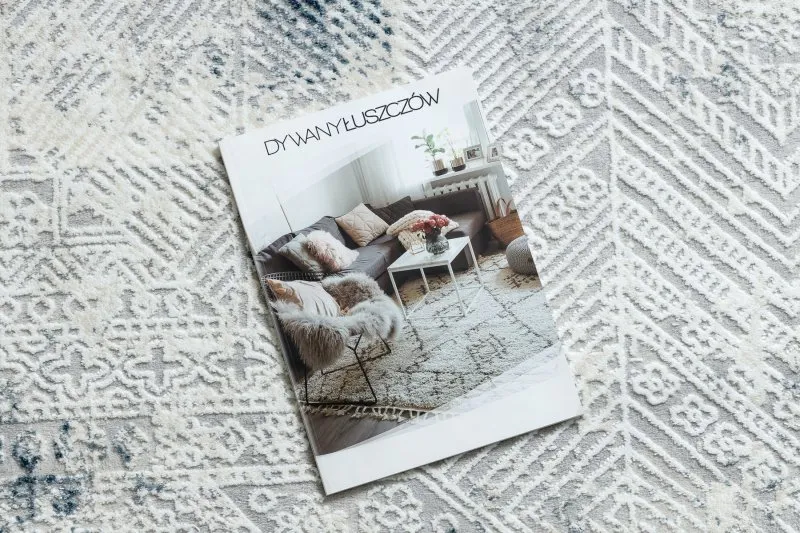 Dywan DUKE 51558 krem / niebieski - Geometryczny vintage, strukturalny, bardzo miękki, frędzle