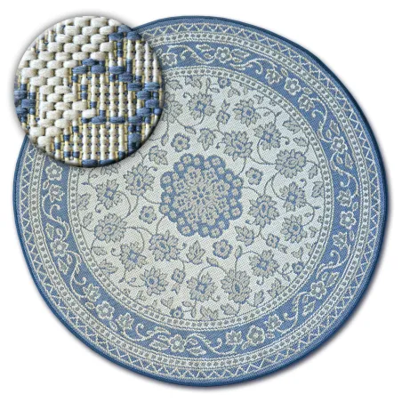 Kerek szőnyeg sisalból kék virágokkal, elegáns szőnyeg a nappaliba