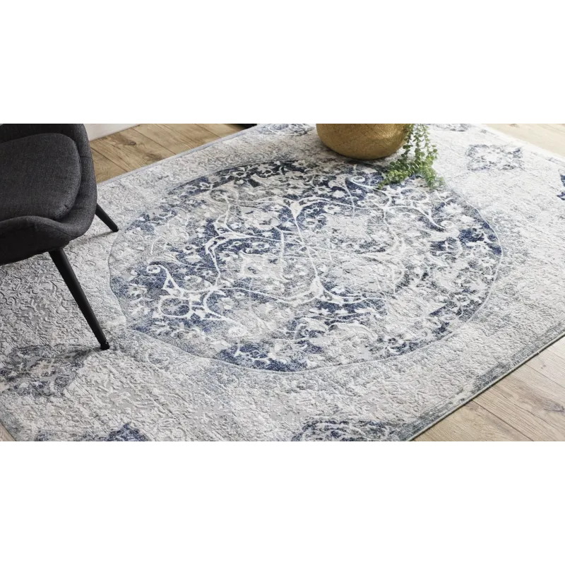 Tengerkék vintage stílusú szőnyeg DISTIN 0820A ornamentális mintával